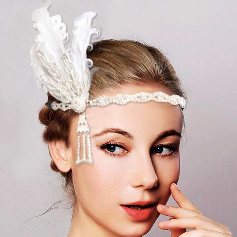 Feather Headband Pearl Crystal 1920s Flapper Hair Accessories for Women Girls